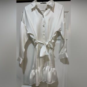 Zara Ruffled Satin Effect Dress Oyster White
